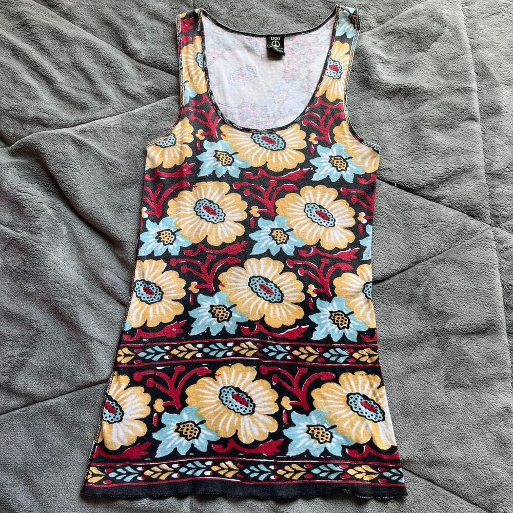 Vintage 90s indie boho Lucky Brand Floral Tank Top 100% Cotton Size XS